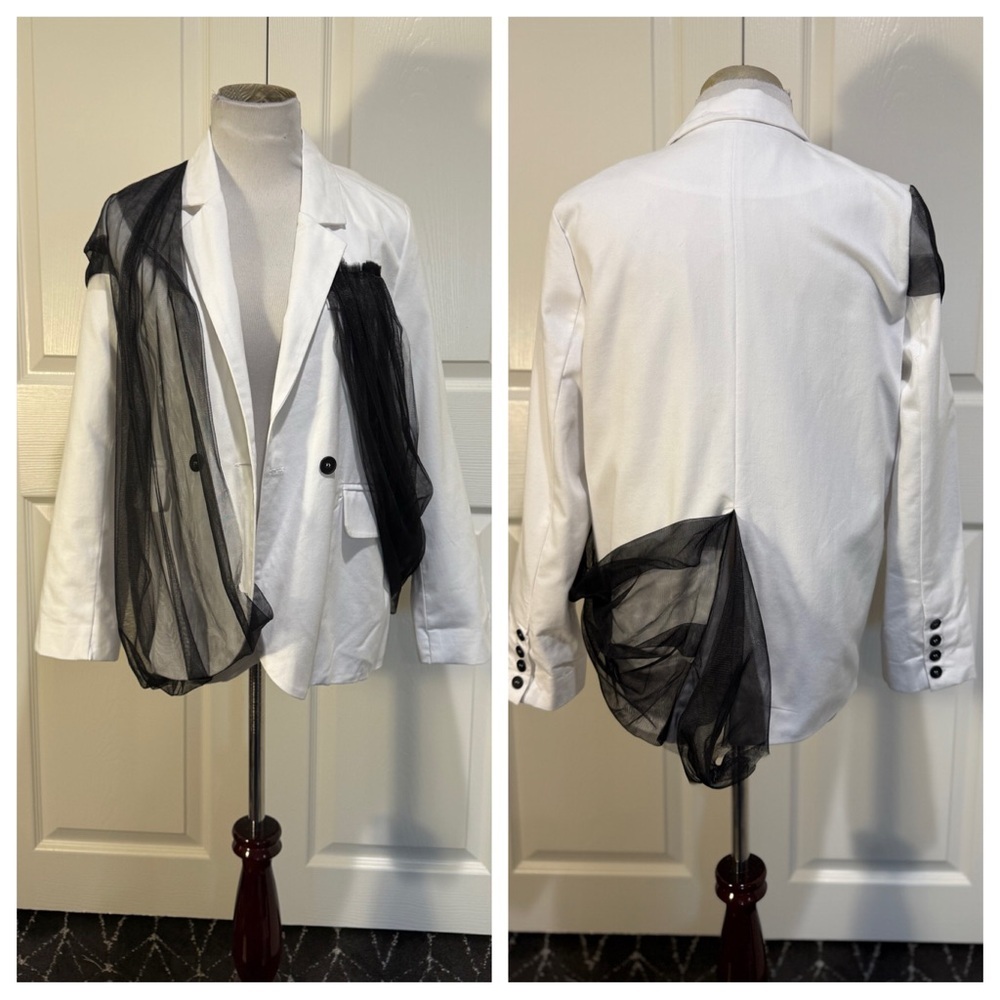 Adeptt white blazer with black tulle draping